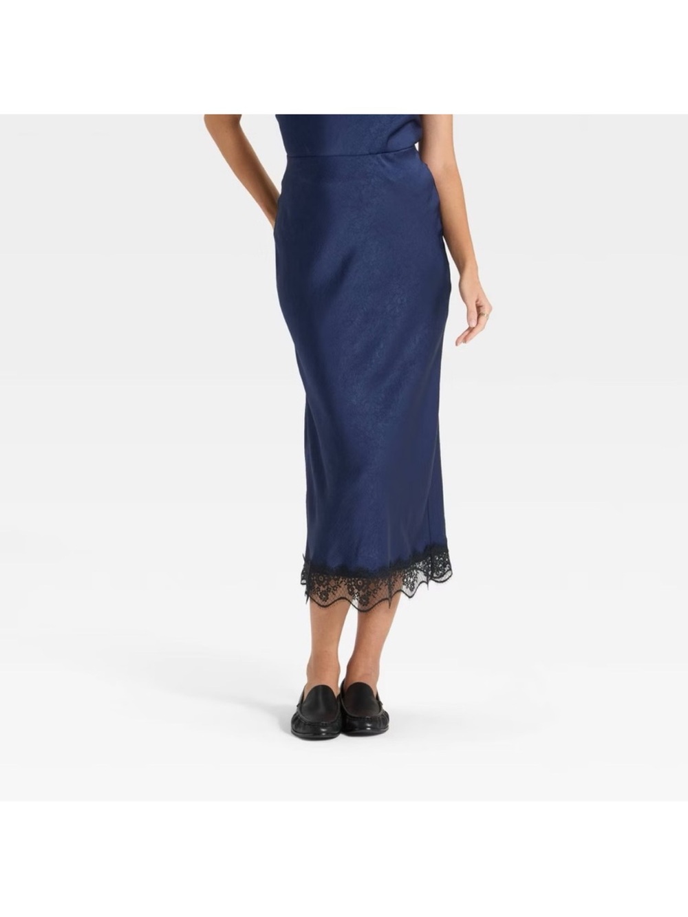 a new day Navy Midi Skirt with Black Lace Trim
